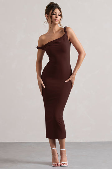 Salome Chocolate Brown Twisted Asymmetric Midi Dress